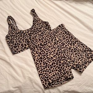 2 piece animal print black leopard cheetah biker shorts top set swimwear gym